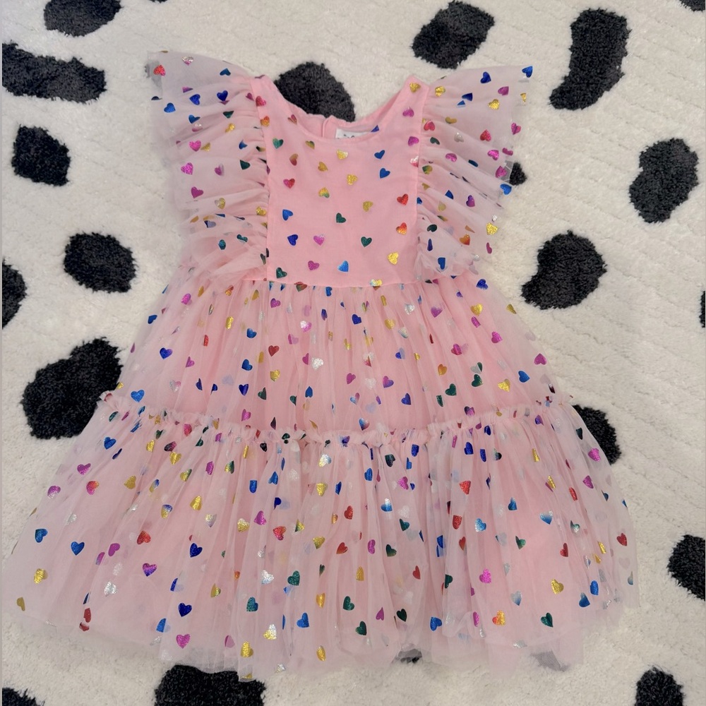 Lola and the Boys Rainbow Foil Heart Dress. Size 4